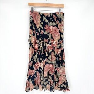 Chaps Womens Navy Blue Floral Tiered Ruffle Chiffon Midi Skirt Size Small S